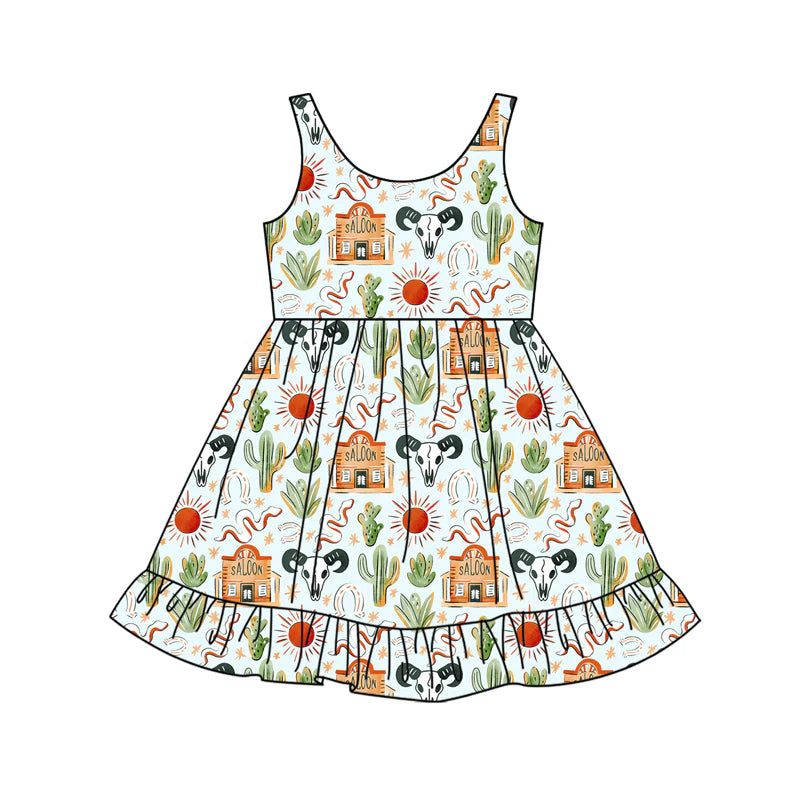 X12.15 Preorder (moq 5)Baby Girls Bull Skulls Cactus Western Ruffle Knee Length Dresses