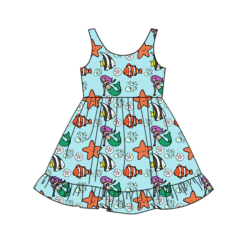 X12.15 Preorder (moq 5)Baby Girls Cartoon Mermaid Fishes Ruffle Knee Length Dresses