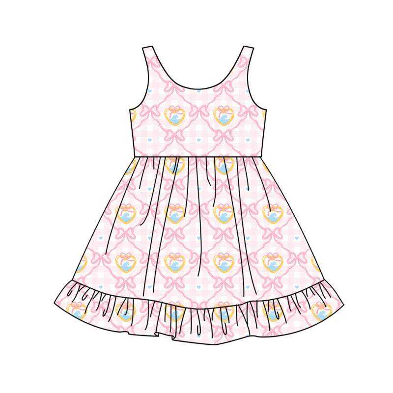 X12.15 Preorder (moq 5)Baby Girls Pink Hearts Bows Checked Valentines Ruffle Knee Length Dresses