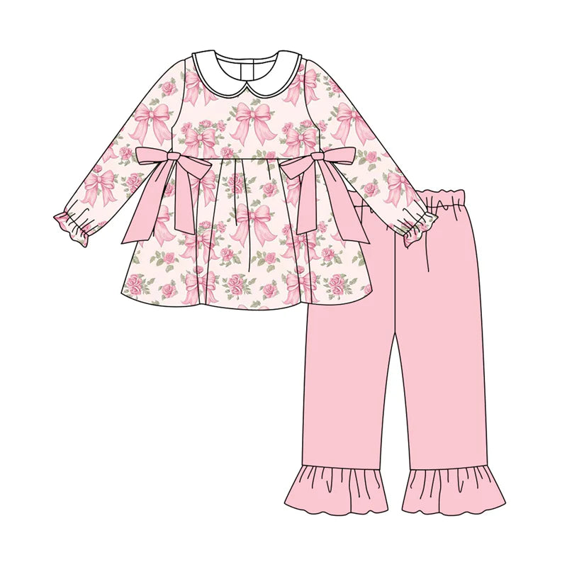 7.19Preorder (moq 5)Baby Girls Long Sleeves Pink Flowers Bows Plaid Tunic Ruffle Pants Set