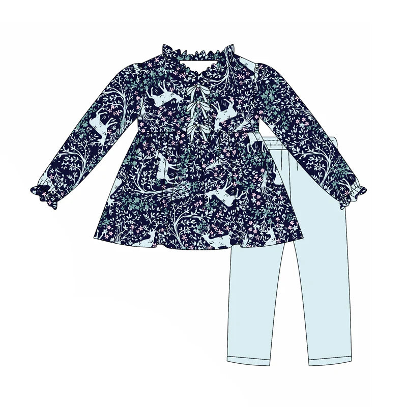 8.8Preorder(moq 5) Baby Girls Blue Floral Deer Button Tunic Legging Pants Clothes Set