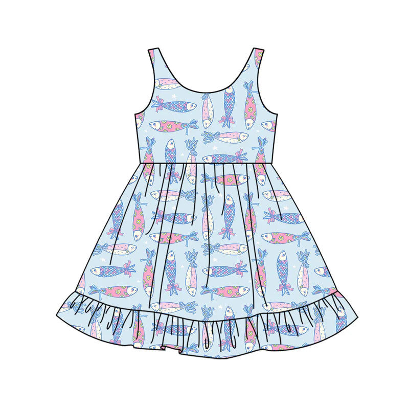 X12.15 Preorder (moq 5)Baby Girls Bows Flowers Fishes Ruffle Knee Length Dresses