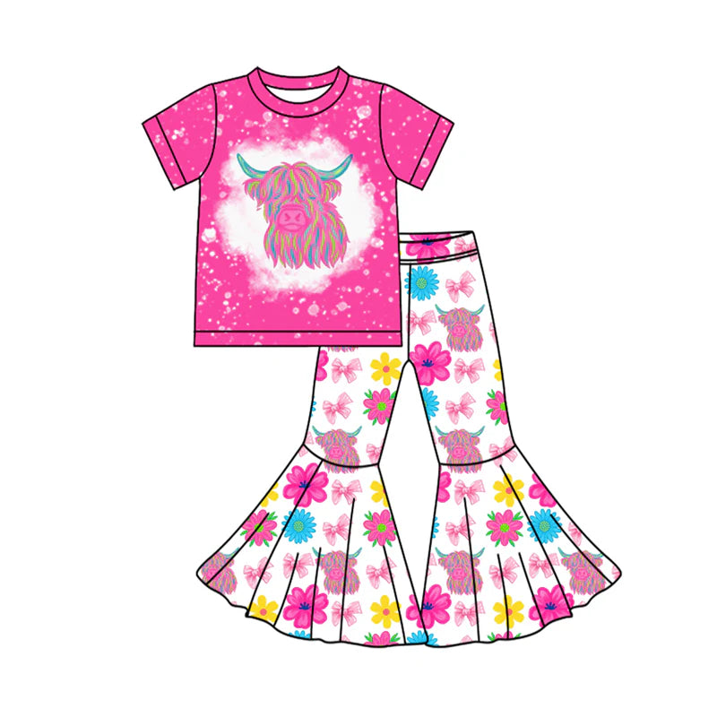 X12.20 Preorder(moq 5)Baby Girls Highland Cows Top Flowers Bell Bottom Pants Western Clothes Sets