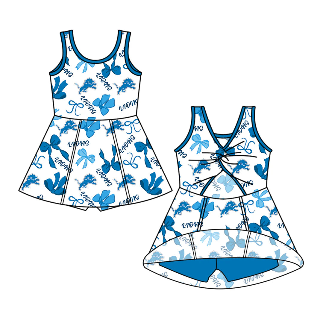 6.30Preorder (moq 5)Baby Girls Sleeveless Blue Bows Plaid Lions Shorts Team Knee Length Dresses