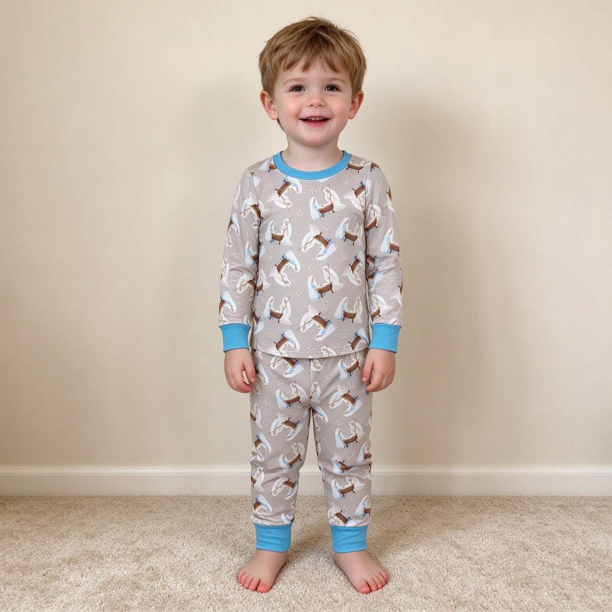 NEW RTS NO MOQ milk silk BLP1535 Baby Boys Long Sleeve Nativity Top Pant Pajamas Sets