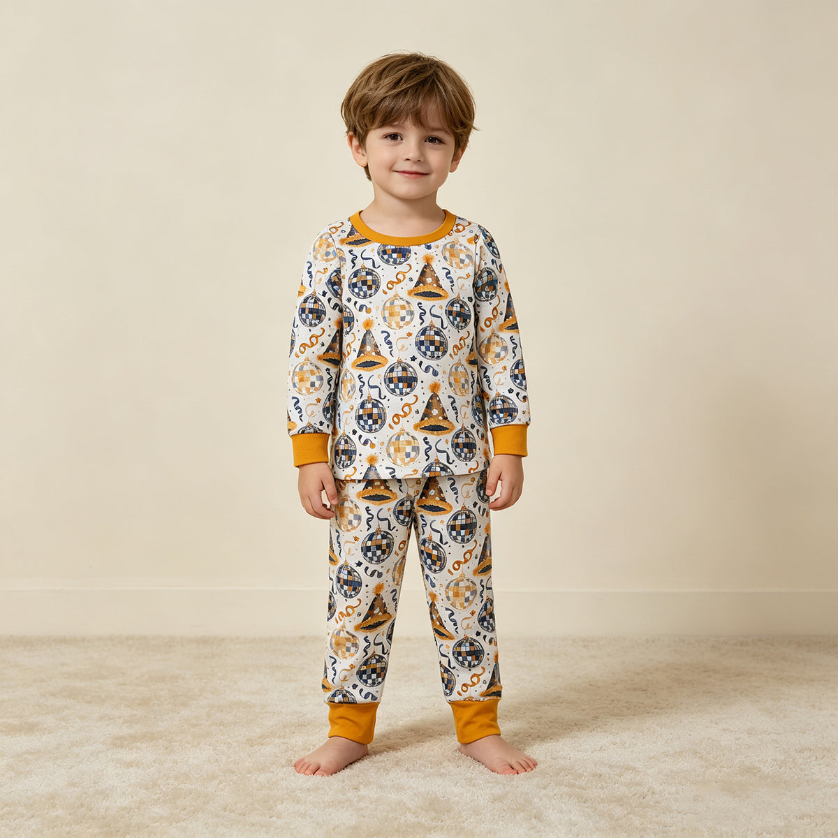 NEW RTS NO MOQ milk silk BLP1534 Baby Boys Stars Lights Top Pant Happy New Year Pajamas Sets