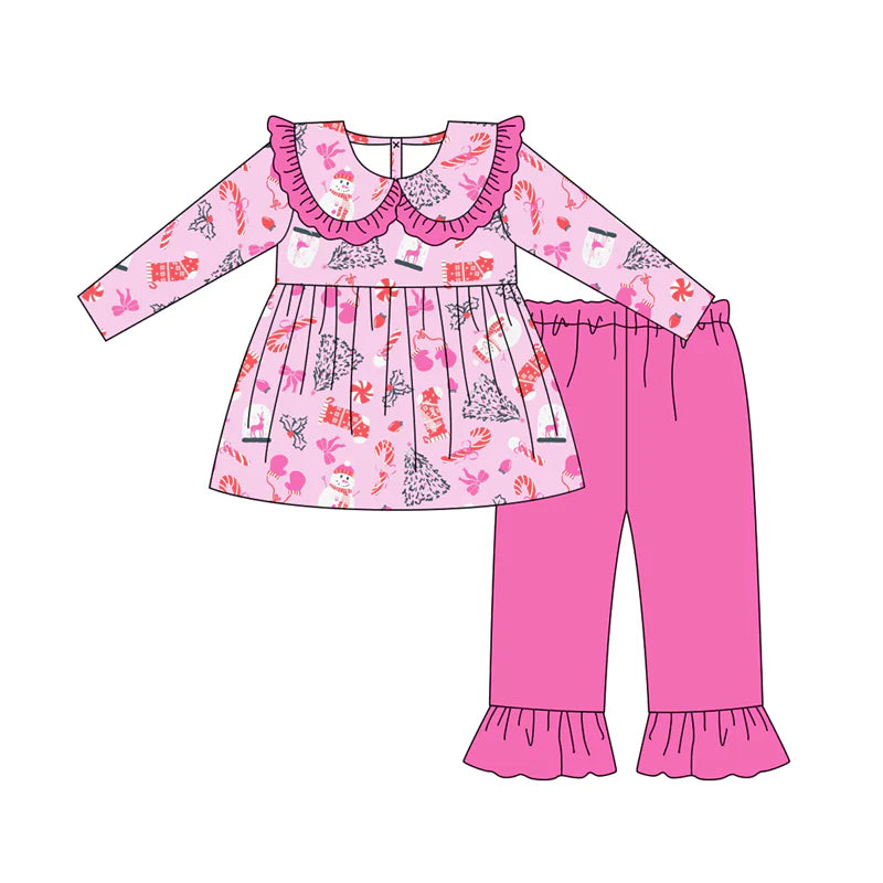 7.9Preorder (moq 5)Baby Girls Long Sleeves Bows Snowman Tunic Ruffle Pant Clothes Set