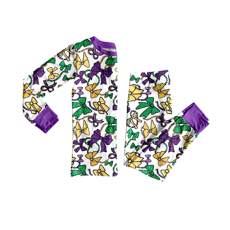X925Preorder (moq 5)Baby Girls Purple Yellow Green Bows Top Pants Mardigras Pajamas Sets