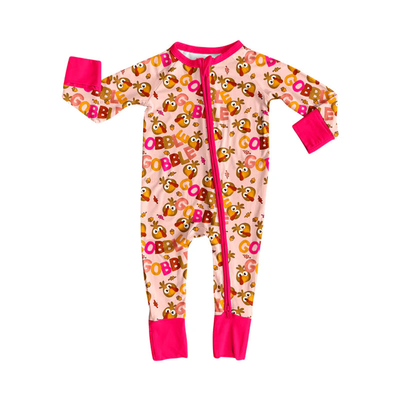 7.15Preorder (moq 5)Baby Girls Pink Long Sleeves Turkey Gobble Plaid Zipper Romper