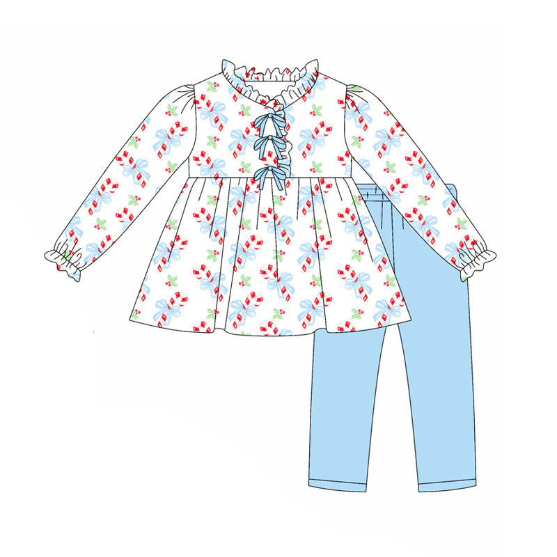 7.31preorder(moq 5) Baby Girls Long Sleeves Blue Candy Cane Holly Tunic Legging Pants Set