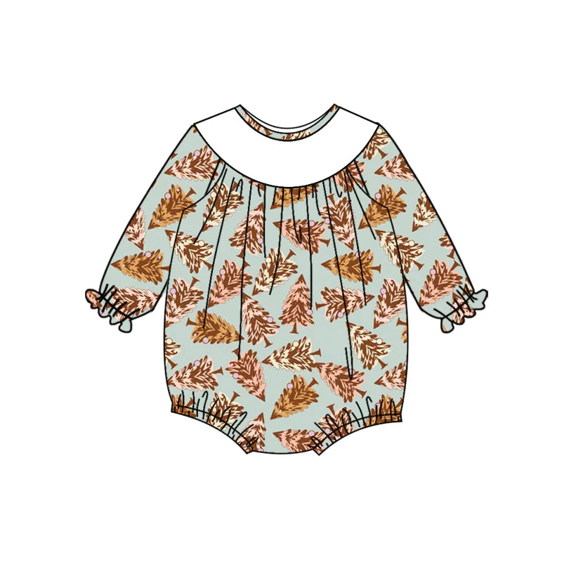 7.15Preorder (moq 5)Baby Girls Blue Long Sleeves Trees Plaid Ruffle Romper