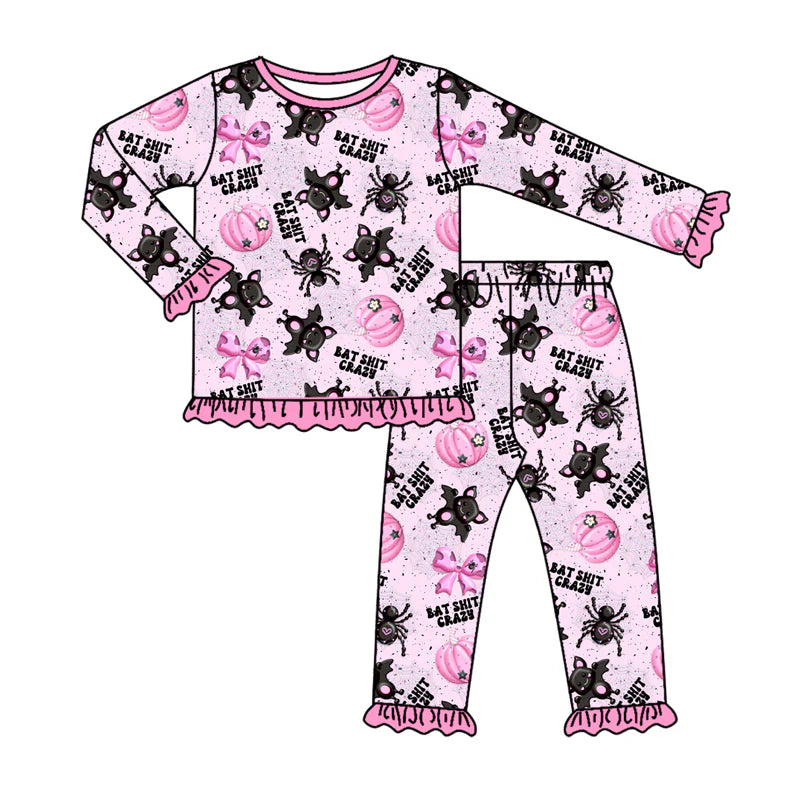7.31Preorder(moq 5) Baby Girls Long Ruffle Sleeves Bat Pumpkins Plaid Top Pants Pajamas Set