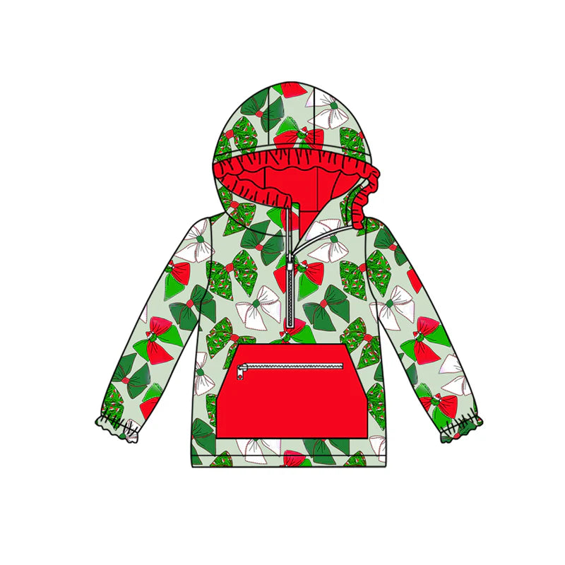X917Preorder (moq 5)Baby Girls Long Ruffle Sleeves Green Bows Plaid Pocket Zipper Hoodies Top
