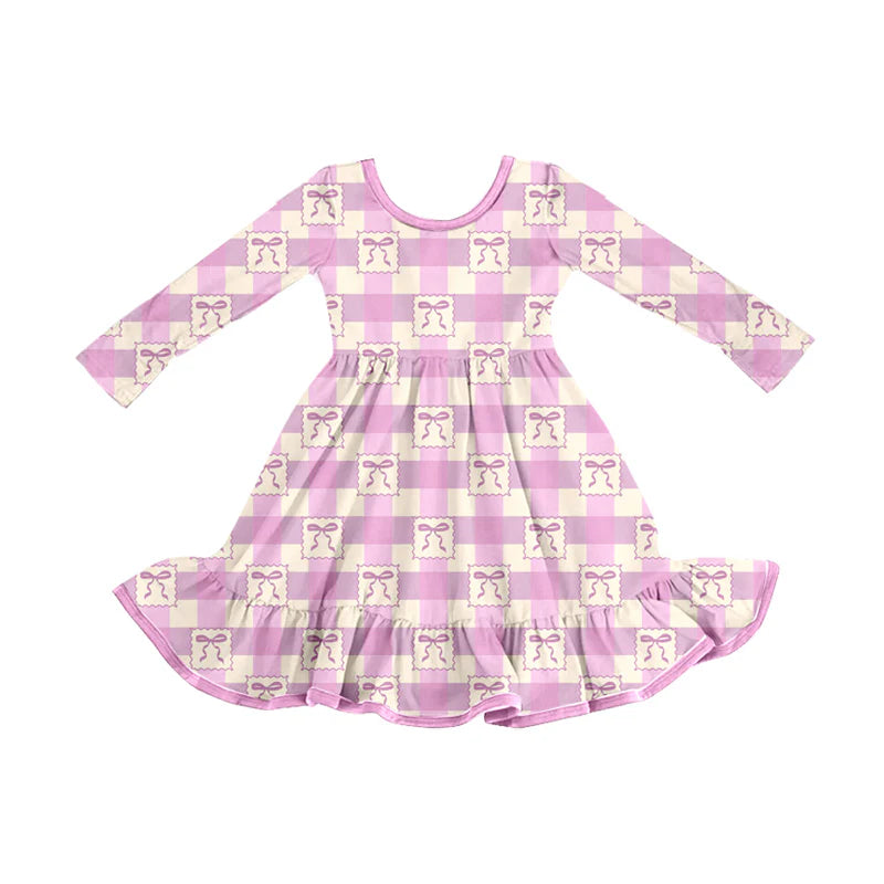 X8.15Baby Girls Pink Checkered Bows Ruffle Knee Length Dresses