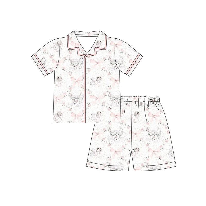 X12.18 Preorder (moq 5)Baby Girls Pink Bows Rabbits Checked Button Top Shorts Easter Pajamas Sets