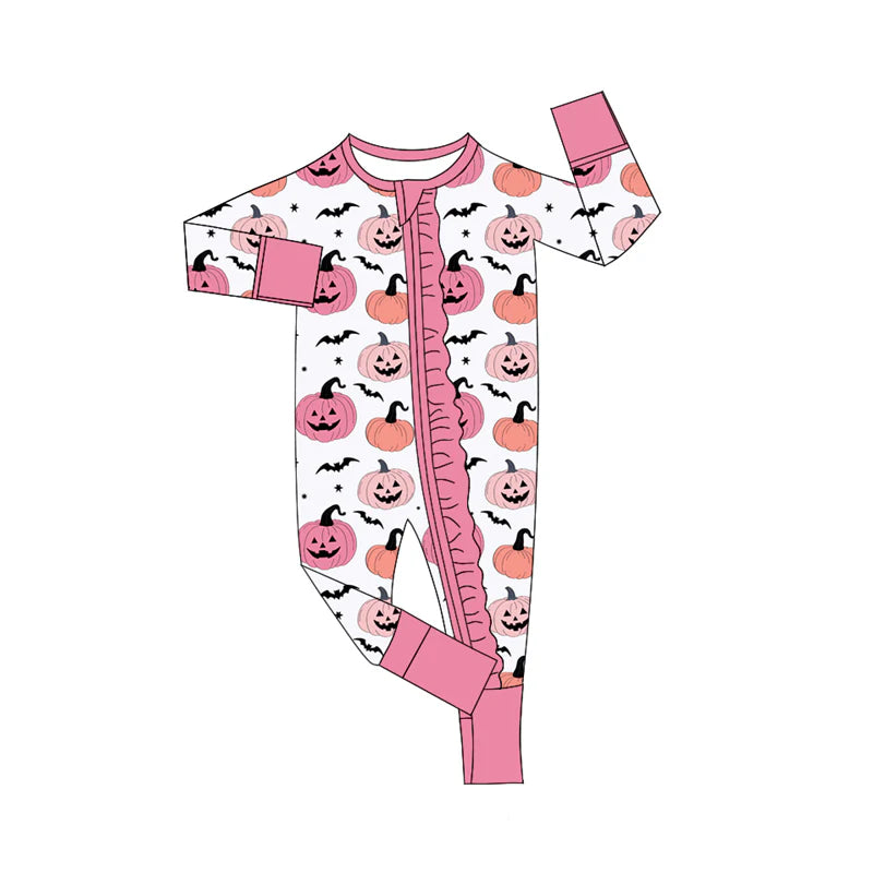 7.15Preorder (moq 5)Baby Girls Long Sleeves Ghost Pumpkins Bats Plaid Ruffle Zipper Romper