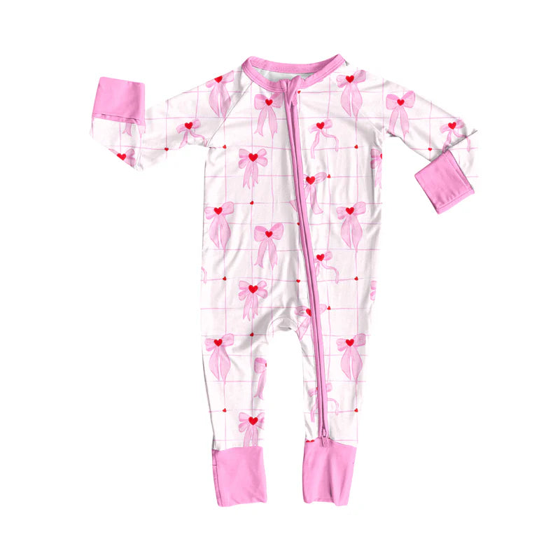 7.19Preorder(moq 5)Baby Kids Pink Bows Hearts Plaid Zipper Pant Rompers