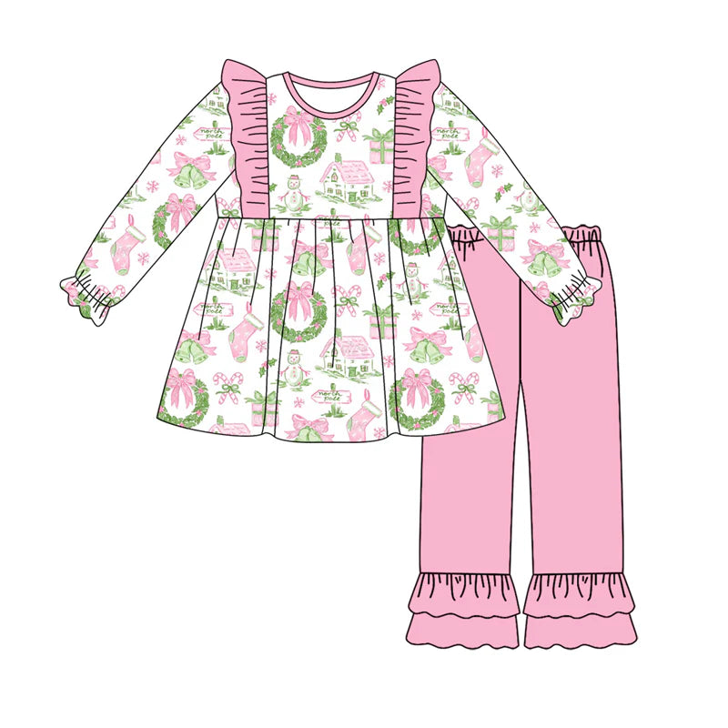 7.21Preorder (moq 5)Baby Girls Long Sleeves Holly Bows Snowman Plaid Tunic Ruffle Pants Set