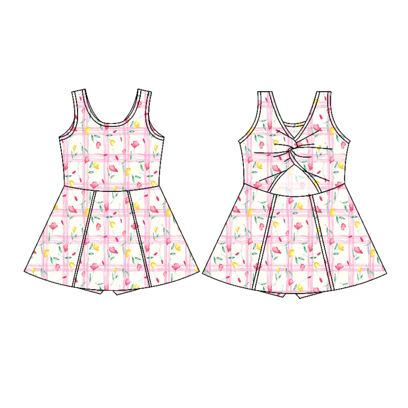 7.11Preorder (moq 5)Baby Girls Sleeveless Pink Plaid Flowers Shorts Knee Length Dresses