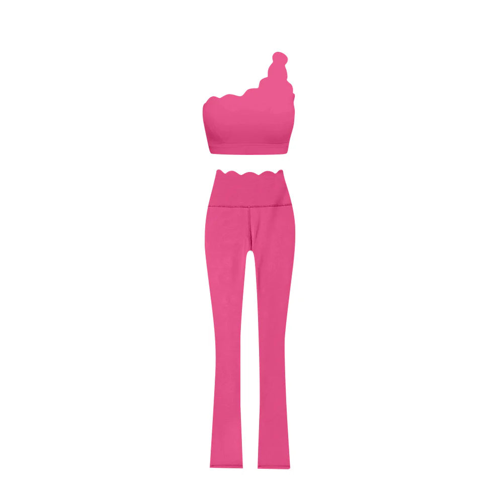 6.28Preorder (moq 5)Baby Girls Bright Pink One Shoulder Scallop Top Bell Bottom Pants Yoga Sets