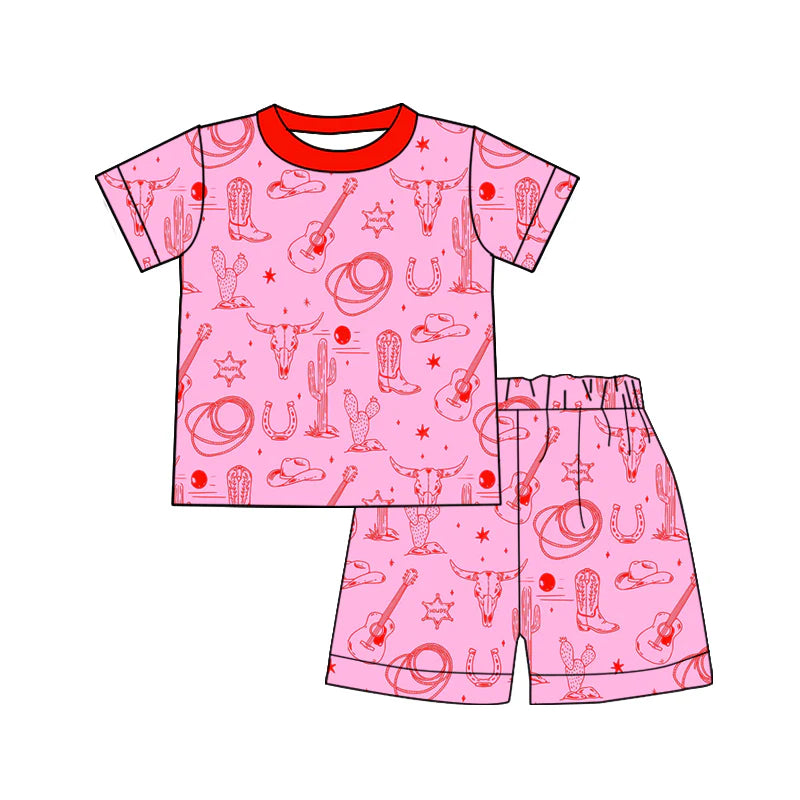 X919Preorder (moq 5)Baby Girls Bull Skulls Boots Cactus Top Shorts Western Pajamas Sets