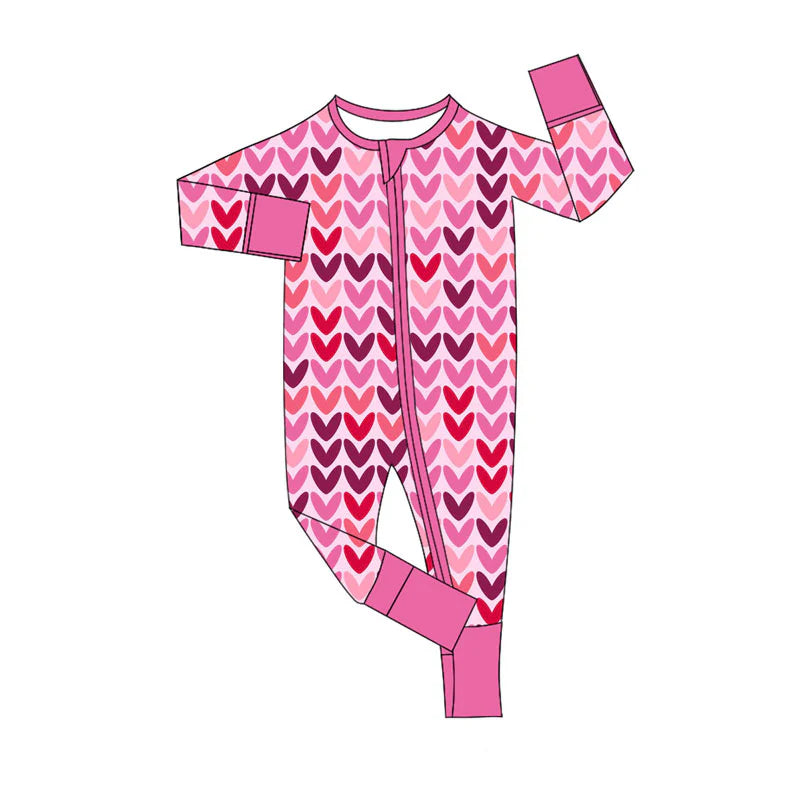 X927Preorder (moq 5)Baby Girls Pink Hearts Valentine Zipper Footie Rompers