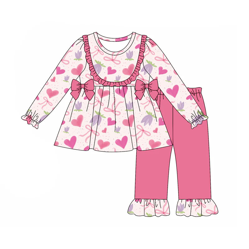 7.21Preorder (moq 5)Baby Girls Long Sleeves Pink Hearts Bows Flowers Tunic Ruffle Pants Set