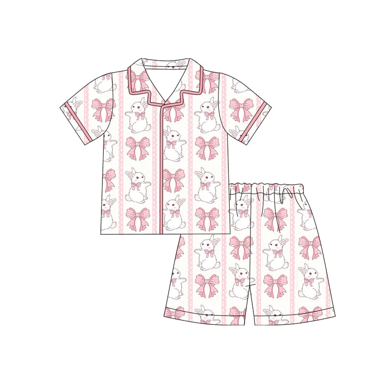 X12.18 Preorder (moq 5)Baby Girls Pink Bows Rabbits Stripe Button Top Shorts Easter Pajamas Sets
