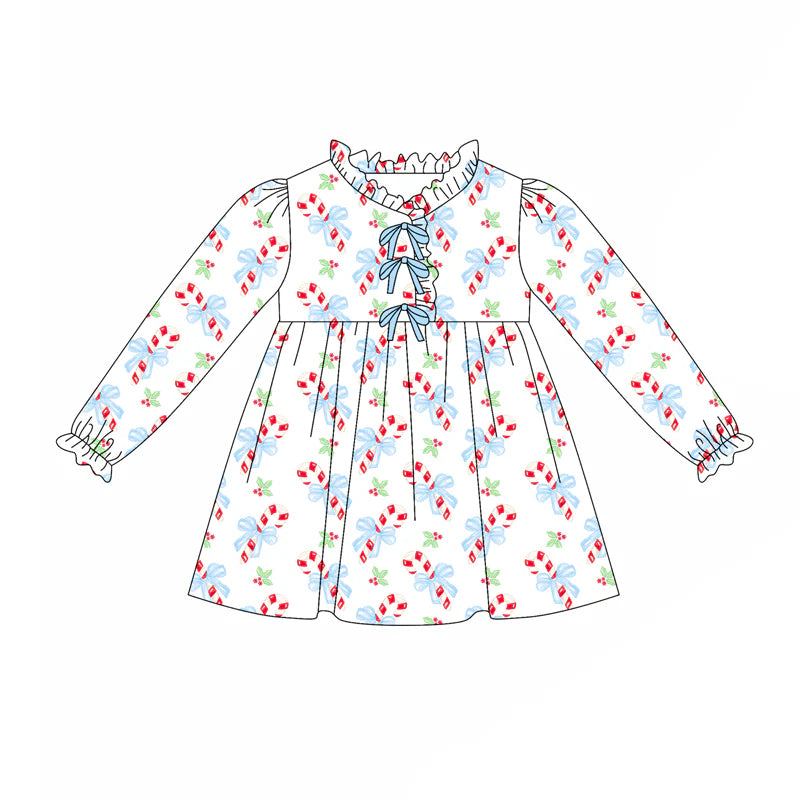 7.31preorder(moq 5) Baby Girls Long Sleeves Blue Bows Candy Cane Plaid Knee Length Dress