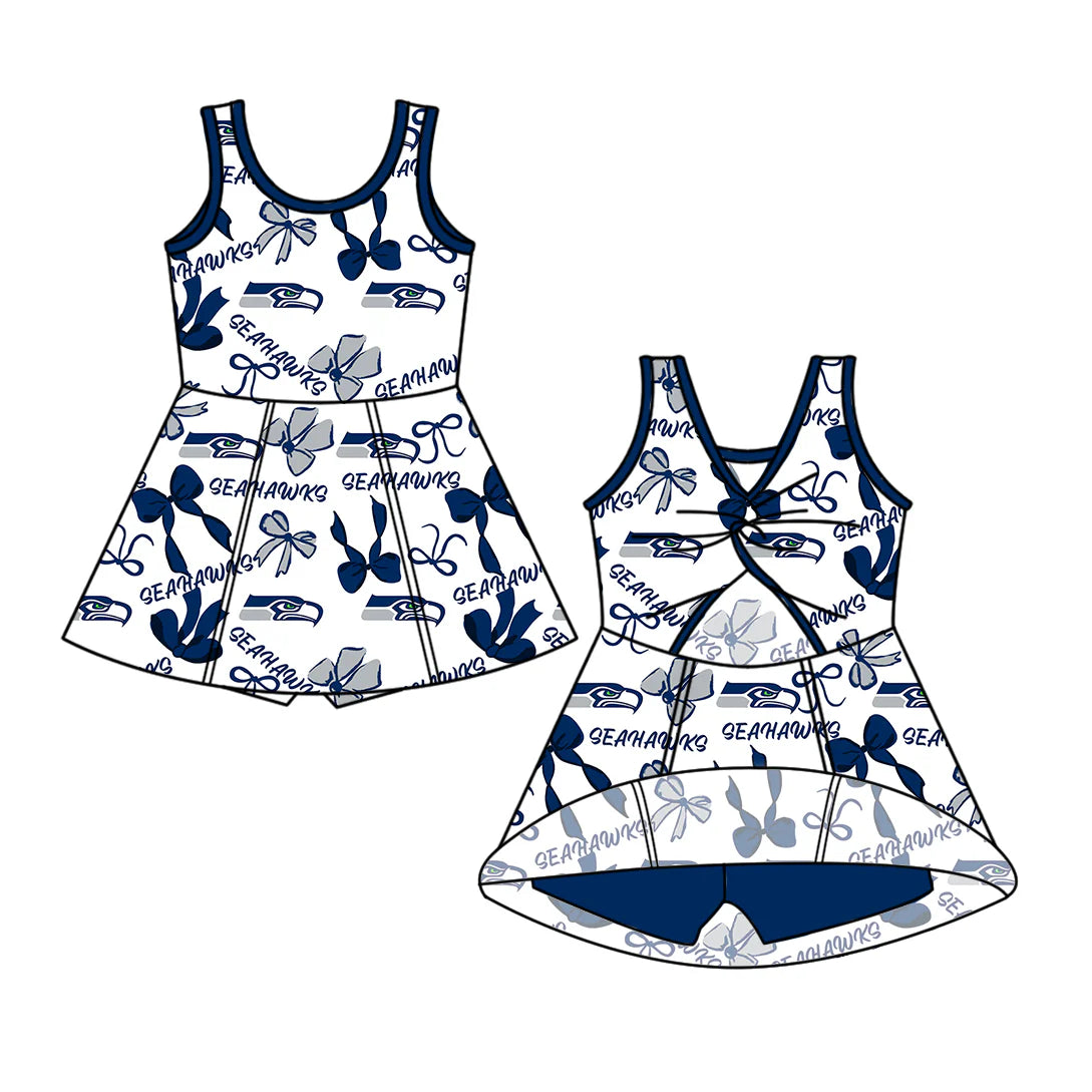 7.1Preorder (moq 5)Baby Girls Blue Sleeveless Bows Plaid Seahawks Shorts Team Knee Length Dresses