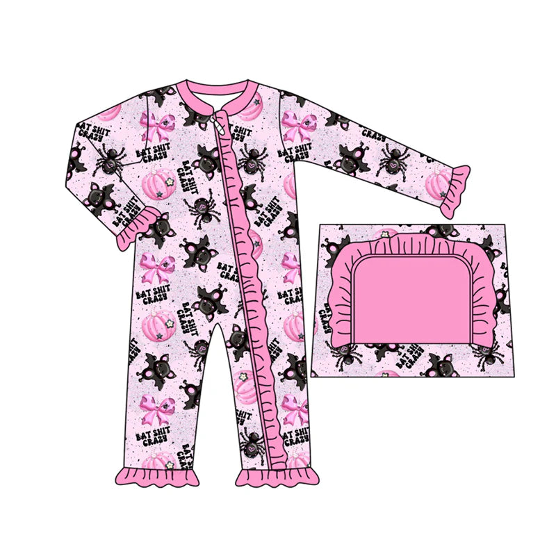 8.7preorder(moq 5)Baby Infant Girls Spider Bows Pumpkins Ruffle Halloween Zipper Rompers