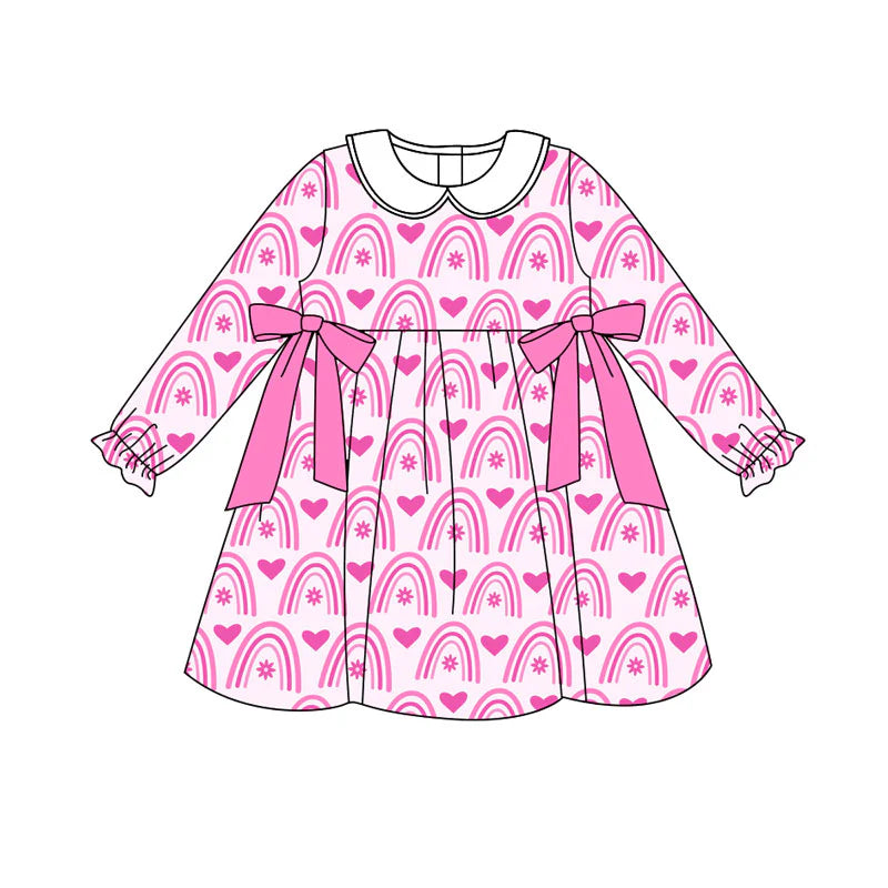 X919Preorder (moq 5)Baby Girls Pink Rainbows Hearts Bows Valentine Knee Length Dresses