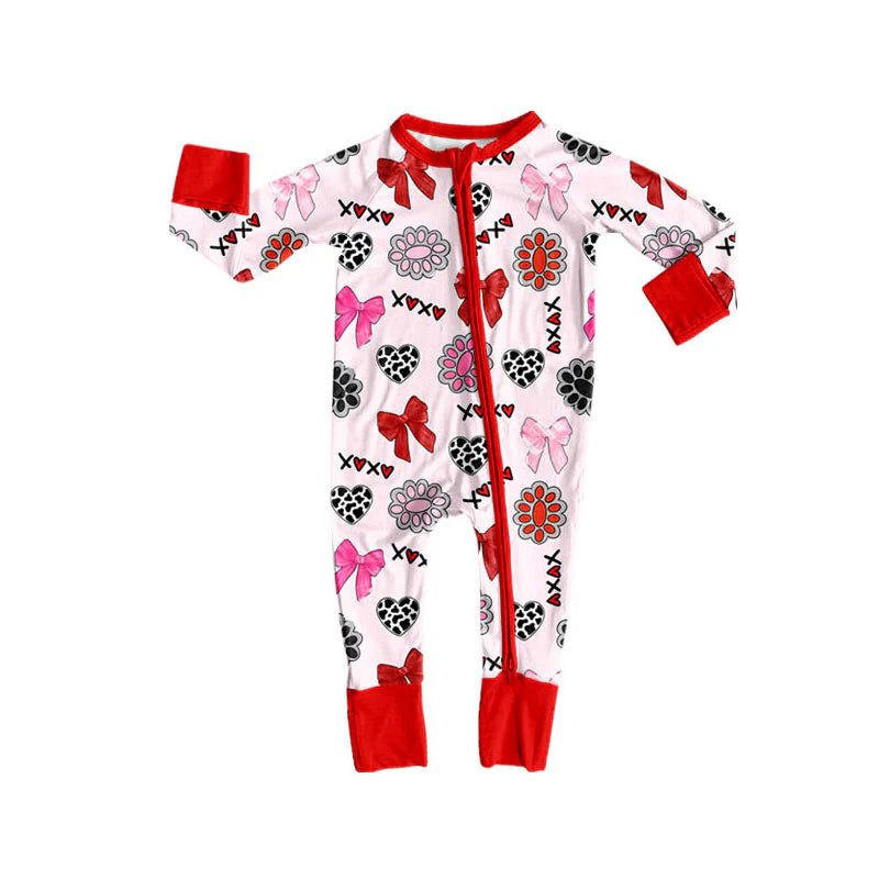 X908Preorder (moq 5)Baby Girls Bows Turquoises XOXO Hearts Valentine Zipper Footie Rompers