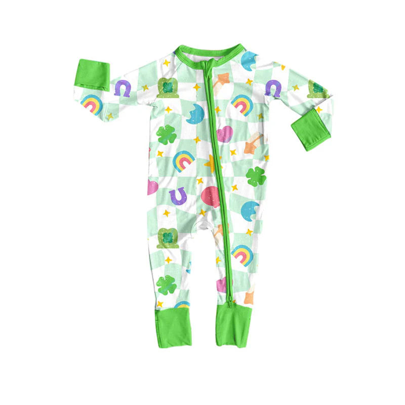 X909Preorder (moq 5)Baby Girls Green Checked Clovers Stars St Patrick Zipper Footie Rompers