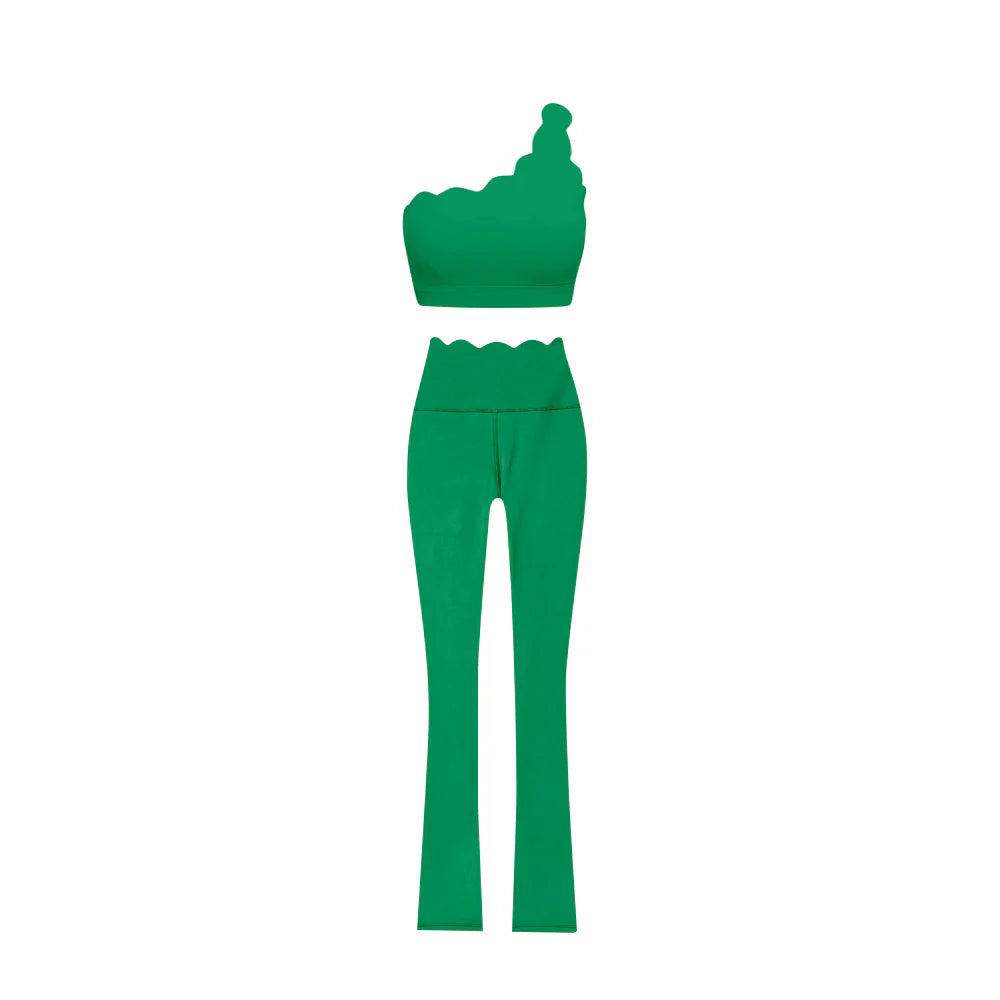 6.28Preorder (moq 5)Baby Girls Green One Shoulder Scallop Top Bell Bottom Pants Yoga Sets