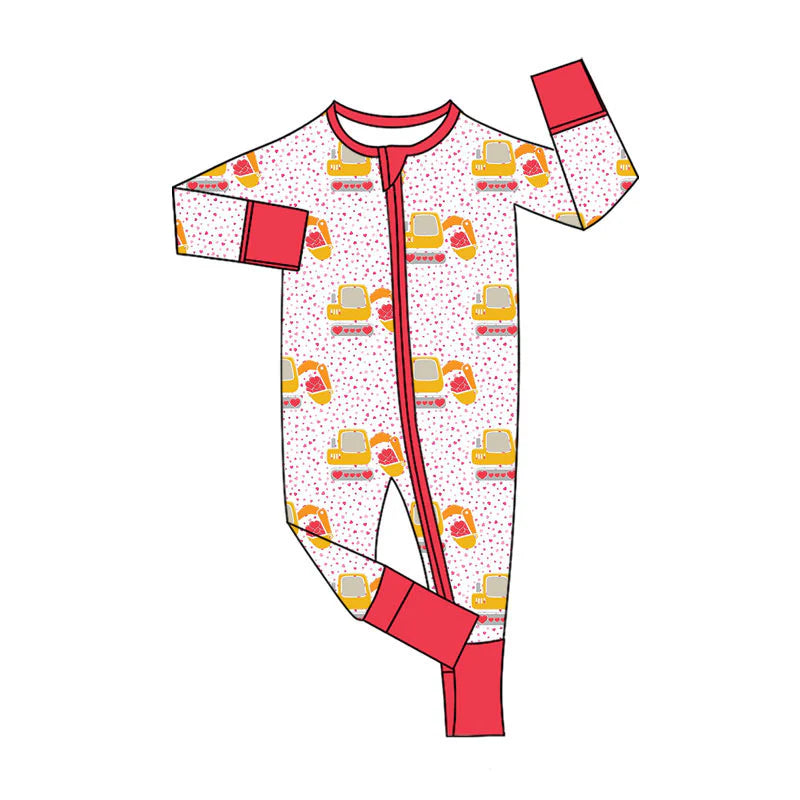 X11.12Preorder (moq 5)Baby Girls Hearts Excavators Valentines Two Way Zip Convertible Rompers
