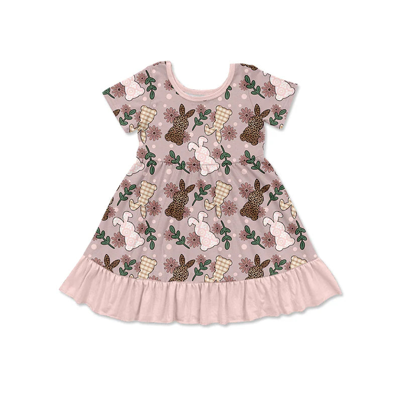 X12.17Preorder (moq 5)Baby Girls Leopard Rabbits Flowers Easter Ruffle Knee Length Dresses