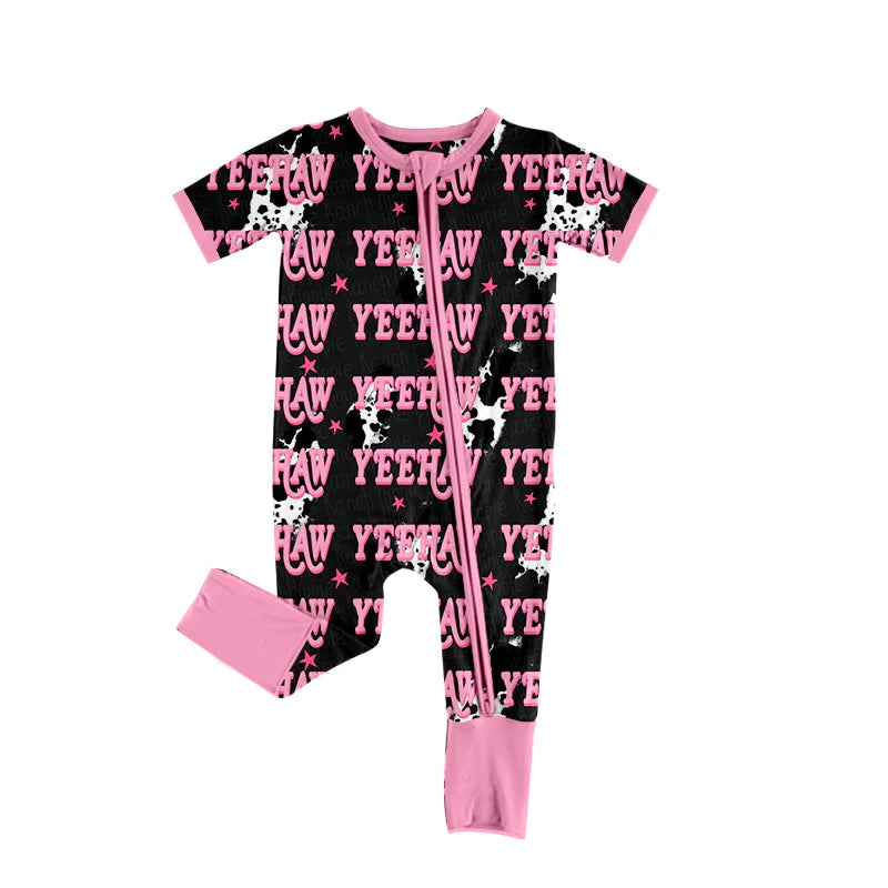 X919 (moq 5)Baby Girls Cow Print Lights Yeehaw Western Zipper Footie Rompers