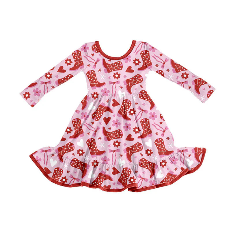 X908Preorder (moq 5)Baby Girls Boots Bows Flowers Valentine Ruffle Knee Length Dresses