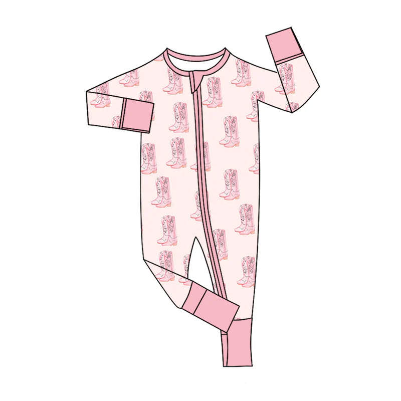 X1.16Preorder (moq 5)Baby Girls Flower Boots Plaid Western Two Way Zip Convertible Rompers