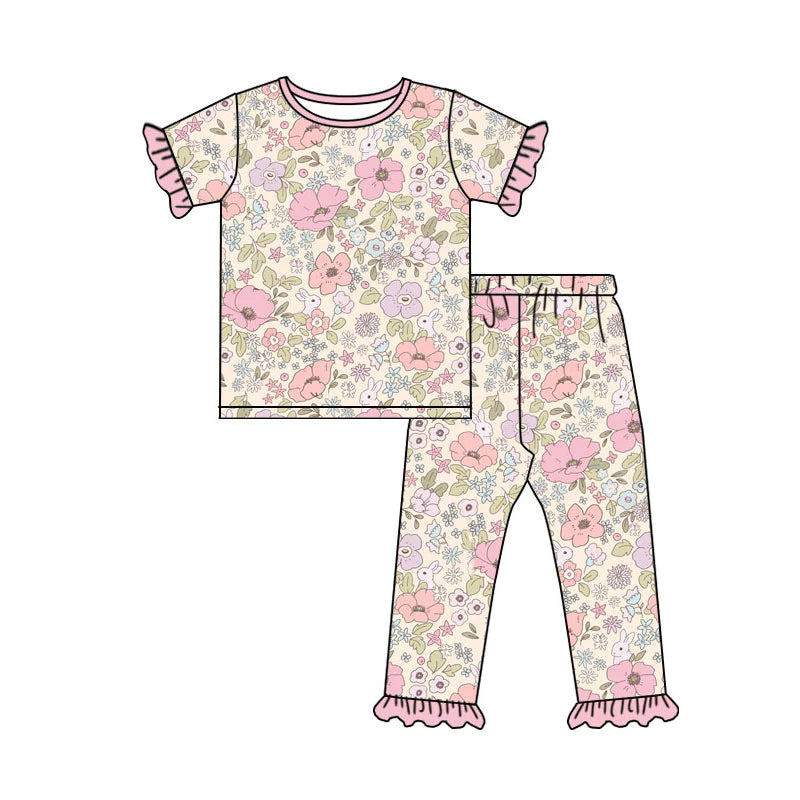 X919Preorder (moq 5)Baby Girls Flowers Rabbits Top Ruffle Pants Easter Pajamas Sets