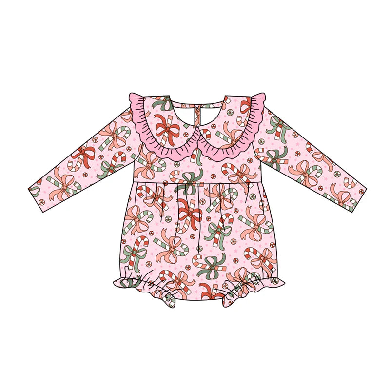 7.15Preorder (moq 5)Baby Girls Long Sleeves Pink Bows Candy Cane Ruffle Romper