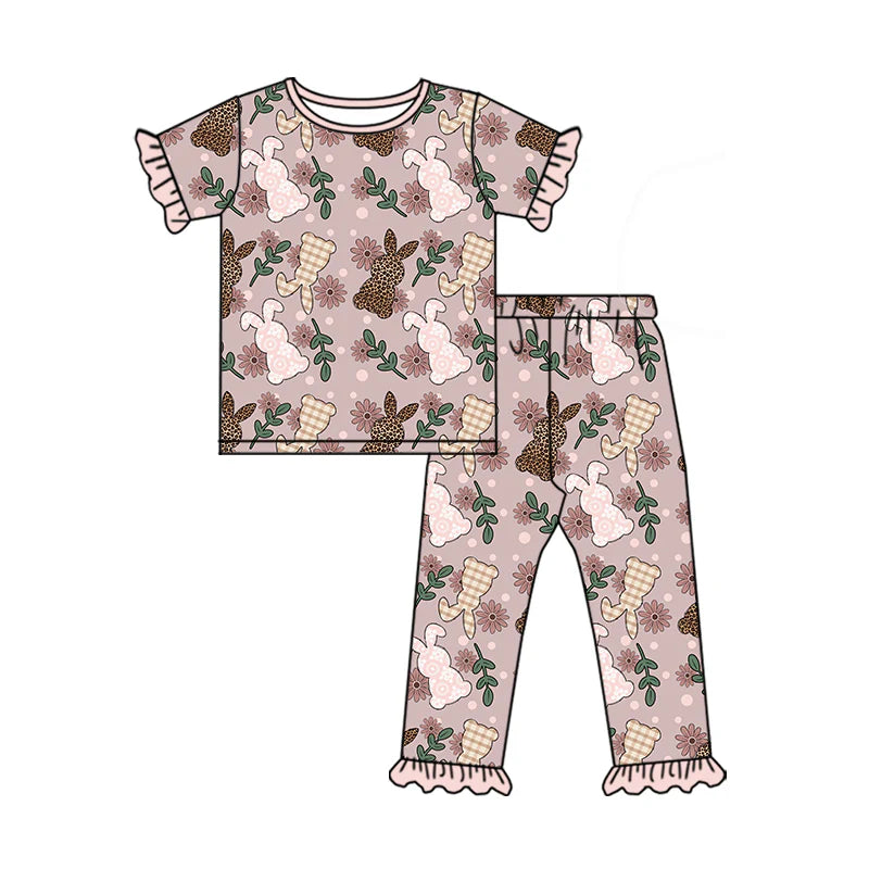 X12.16 Preorder (moq 5)Baby Girls Leopard Rabbits Top Ruffle Pants Easter Pajamas Sets