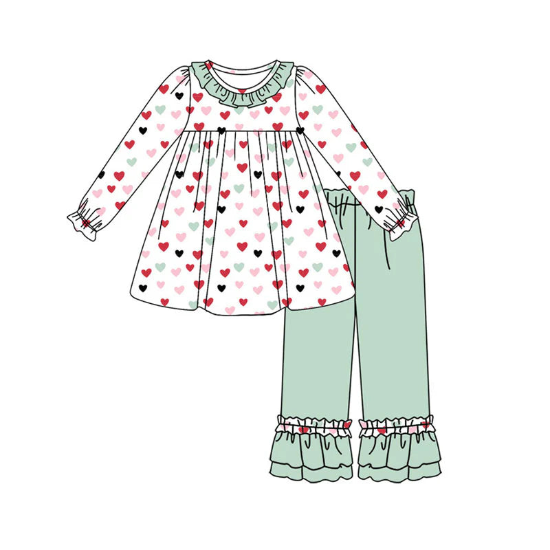 X922Preorder (moq 5)Baby Girls Long Sleeve Colorful Hearts Tunic Ruffle Pants Valentine Clothes Sets