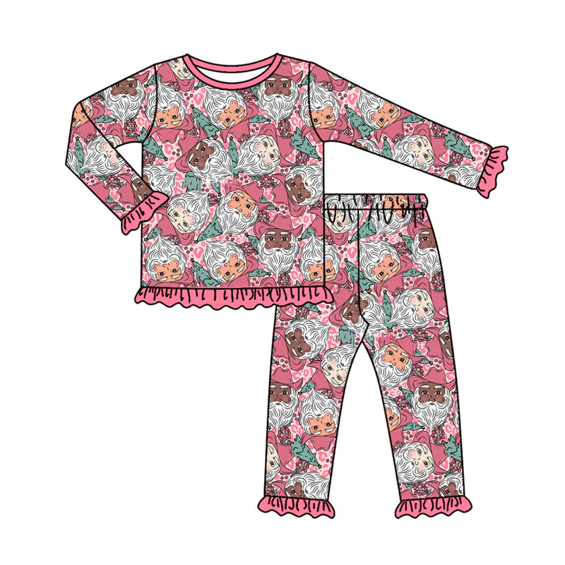 7.10Preorder (moq 5)Baby Girls Long Sleeves Leopard Santa Top Ruffle Pant Pajamas Clothes Set