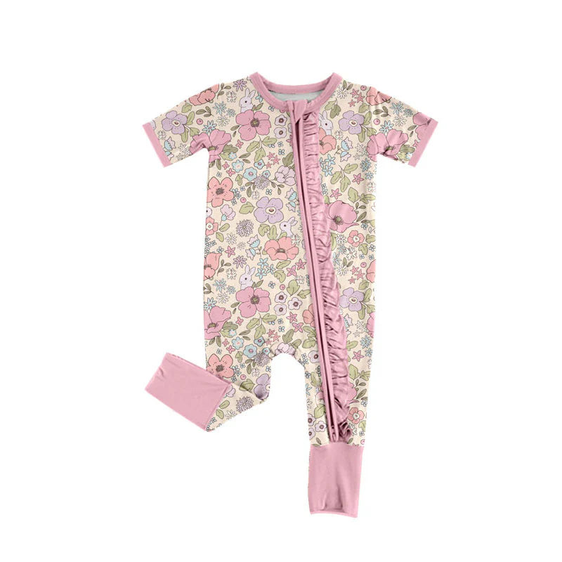 X919 Preorder (moq 5)Baby Girls Flowers Rabbits Easter Ruffle Zipper Footie Rompers