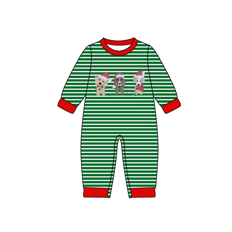 8.6Preorder(moq 5)Baby Infant Boys Green Stripes Dogs Pants Christmas Rompers