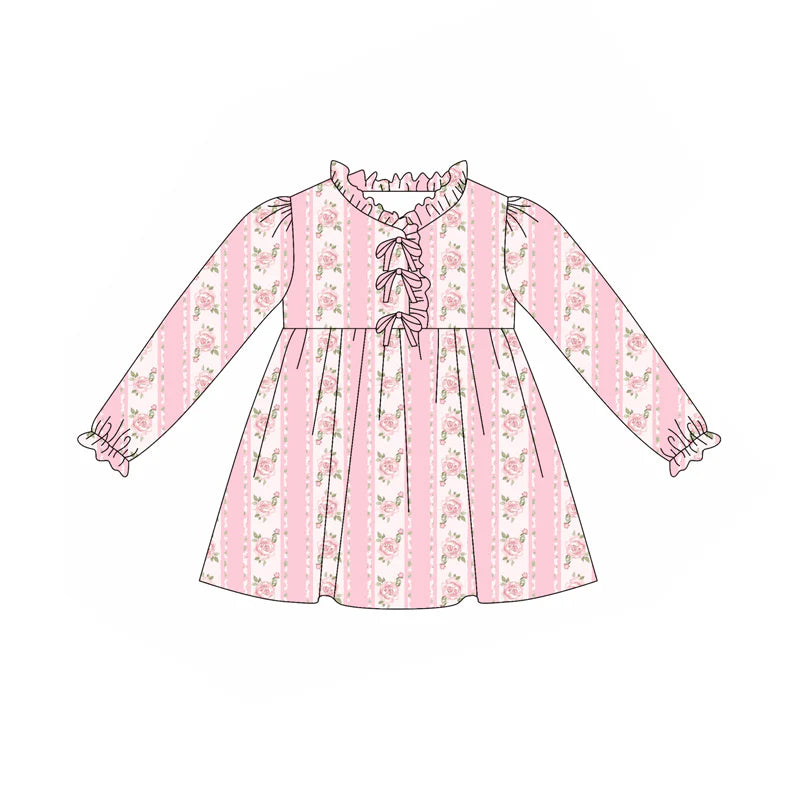 7.31Preorder(moq 5) Baby Girls Long Ruffle Sleeves Pink Flower Stripe Knee Length Dresses