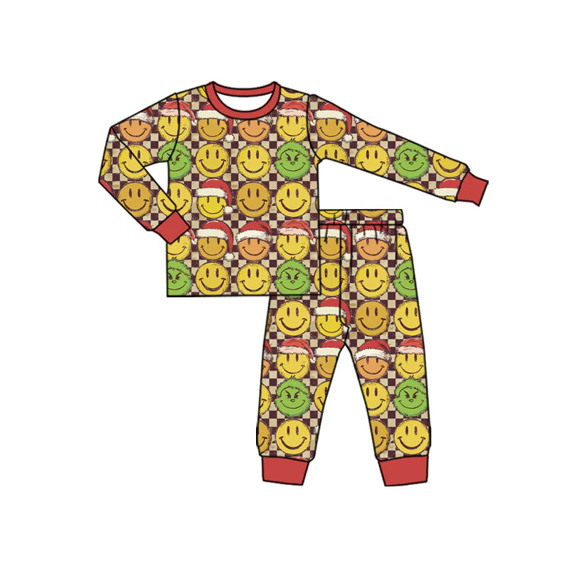7.30Preorder(moq 5) Baby Boys Long Sleeves Green Faces Smiles Plaid Top Pants Pajamas Set