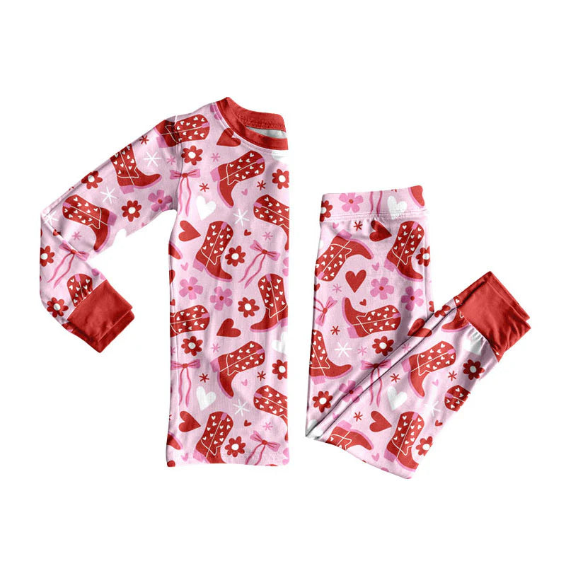 X908Preorder (moq 5)Baby Girls Boots Bows Flowers Top Pants Valentine Pajamas Sets